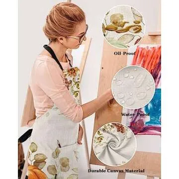 Pumpkin Eucalyptus Waterproof Apron With Pockets, Kitchen Chefs Bib Cooking BBQ Grill Bake Adjustable Aprons for Women Home Garden Grooming Painting Gardening Fall Thanksgiving Sunflower Leaves
