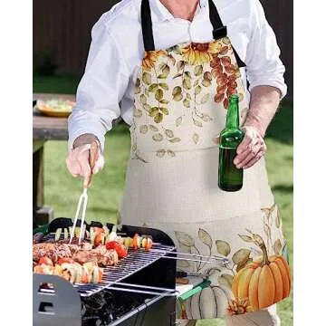 Pumpkin Eucalyptus Waterproof Apron With Pockets, Kitchen Chefs Bib Cooking BBQ Grill Bake Adjustable Aprons for Women Home Garden Grooming Painting Gardening Fall Thanksgiving Sunflower Leaves