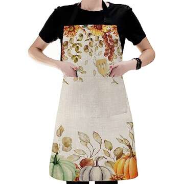 Pumpkin Eucalyptus Waterproof Apron With Pockets, Kitchen Chefs Bib Cooking BBQ Grill Bake Adjustable Aprons for Women Home Garden Grooming Painting Gardening Fall Thanksgiving Sunflower Leaves