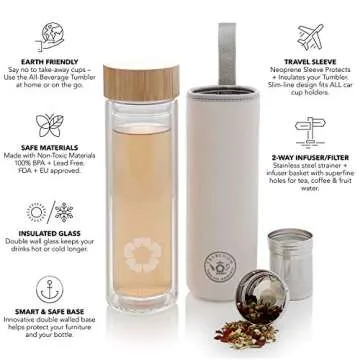 Teabloom All-Beverage Tumbler – 15 oz / 450 ml – Tempered Glass Travel Bottle – Hot and Cold T...