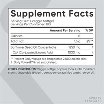 Sports Research Vegan CLA - 1250mg with Active Conjugated Linoleic Acid for Men & Women | Non-GMO, Soy & Gluten Free - 80% (180 Softgels)