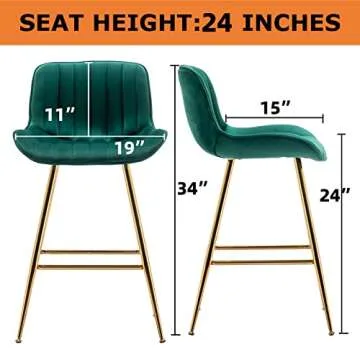 Sidanli Green Velvet Bar Stools Set of 2 - 24 Inch Counter Height Seating