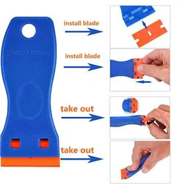 Plastic Razor Blade Scraper, 2 Pack Razor Scraper with 40 Pcs Razor Blades for Removing Glue, Sticker, Decals, Tint from Car Window and Glass (blue)