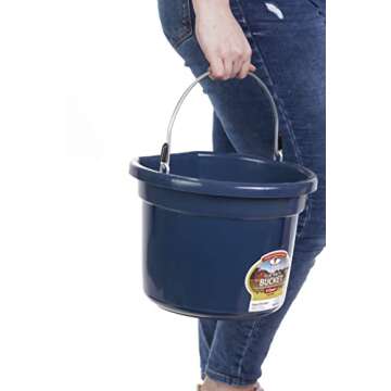 Little Giant® Flat Back Plastic Animal Feed Bucket | Animal Feed Bucket with Metal Handle | Horse Feed & Water Bucket | 8 Quarts | Navy