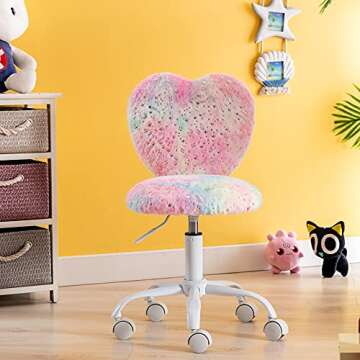 DM Furniture Small Kids Chair - Cute Heart Girls Faux Fur Rolling Study Chair
