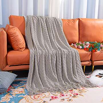 NTBAY Acrylic Knitted Throw Blanket, Lightweight and Soft Cozy Decorative Woven Blanket with Tassels for Travel, Couch, Bed, Sofa, 51x67 Inches, Taupe Checkered