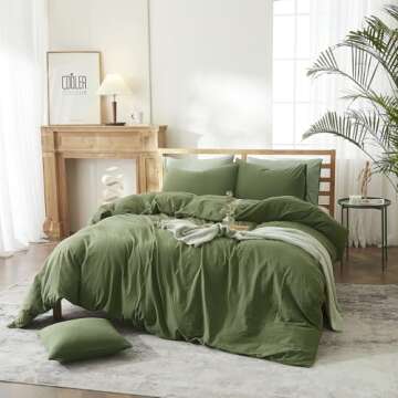 AMWAN Solid Color Army Green Duvet Cover King Size Bedding Sets Natural Washed Cotton Comforter Cover Dark Green Bedding Duvet Cover for Men Women Simple Style Green Bedding Collection