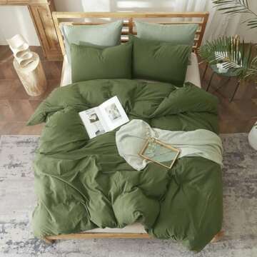 AMWAN Solid Color Army Green Duvet Cover King Size Bedding Sets Natural Washed Cotton Comforter Cover Dark Green Bedding Duvet Cover for Men Women Simple Style Green Bedding Collection