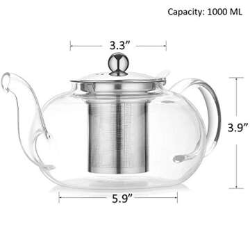 Artcome 1000ml / 34oz Glass Teapot with Removable Infuser, Stovetop Safe Teapot, Blooming and Loose Leaf Tea Pots