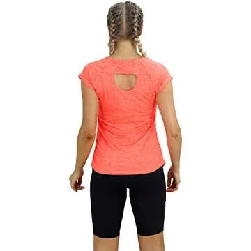 icyzone Workout Running Shirts for Women - Fitness Gym Yoga Exercise Short Sleeve T Shirts Open Back Tops(S,Orange)