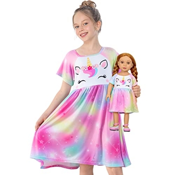 Play Tailor Doll and Girl Matching Nightgown Unicorn Outfit Pajamas Night Dress for Girls and 18" Do...