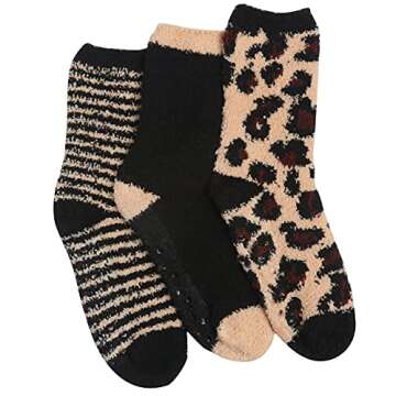 Tipi Toe Women's 3 Pack Animal Print Socks Anti-Skid Cheetah Soft Fuzzy Crew Socks FZ26-A