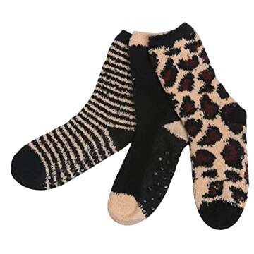 Tipi Toe Women's 3 Pack Animal Print Socks Anti-Skid Cheetah Soft Fuzzy Crew Socks FZ26-A
