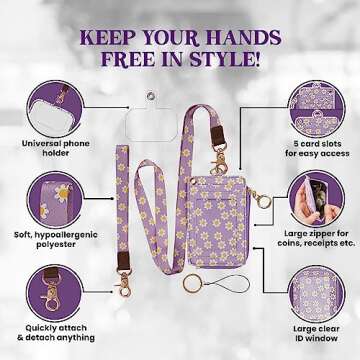 MONDO DESIGNS 2-in-1 ID Badge Holder & Lanyard Wallet - Multi-Use Womens Small Wallet with Removable Wristlet & Neck Lanyard, Clear Window, 5 Card Slots, Phone Holder, Ring Keychain - Purple Daisies
