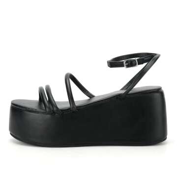 PZEKE Platform Sandals for Women Ankle Strap Buckle Wedge Sandals Fashion Open Toe Chunky Sandals, Black(WJ-UNIQUE3-BK,US9)