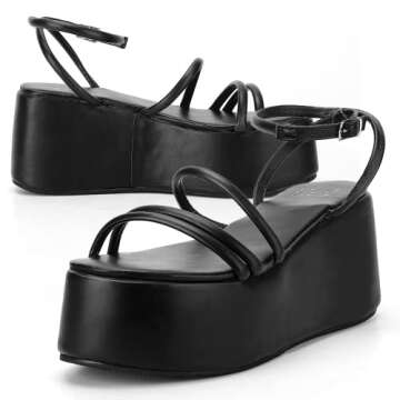 PZEKE Platform Sandals for Women Ankle Strap Buckle Wedge Sandals Fashion Open Toe Chunky Sandals, Black(WJ-UNIQUE3-BK,US9)