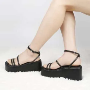 PZEKE Platform Sandals for Women Ankle Strap Buckle Wedge Sandals Fashion Open Toe Chunky Sandals, Black(WJ-UNIQUE3-BK,US9)