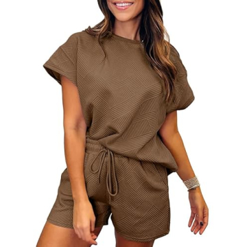 SHEWIN Women 2 Piece Outfits Sweat Set 2025 Casual Short Sleeve Summer Tee Shirts Matching Lounge Shorts Sets Cozy Pajamas Tracksuit Loungewear Sweatsuit Brown M