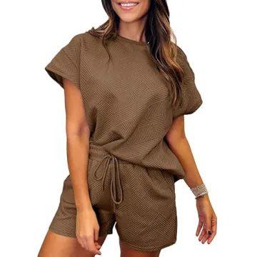 SHEWIN Women 2 Piece Outfits Sweat Set 2025 Casual Short Sleeve Summer Tee Shirts Matching Lounge Shorts Sets Cozy Pajamas Tracksuit Loungewear Sweatsuit Brown M