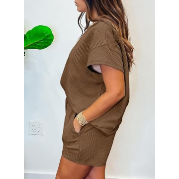 SHEWIN Women 2 Piece Outfits Sweat Set 2025 Casual Short Sleeve Summer Tee Shirts Matching Lounge Shorts Sets Cozy Pajamas Tracksuit Loungewear Sweatsuit Brown M