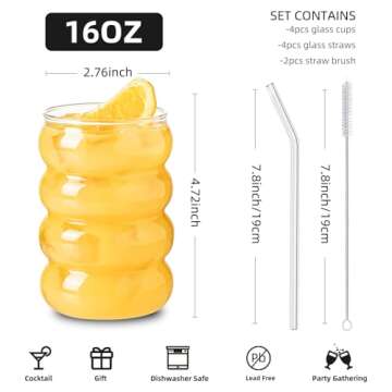 KEMORELA 16oz Wave Shape Beverage Glasses With Straws,Vintage Glass Cups Wine Mugs Set, Ripple Drink...