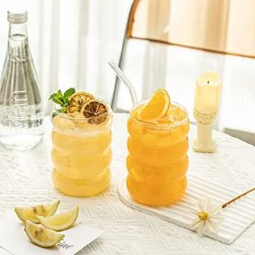 KEMORELA 16oz Wave Shape Beverage Glasses With Straws,Vintage Glass Cups Wine Mugs Set, Ripple Drinking Glasses,for Juice Beer Wine Champagne Cocktail Home Kitchen Bar Mixed Drinks (4PCS)