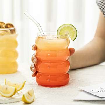 KEMORELA 16oz Wave Shape Beverage Glasses With Straws,Vintage Glass Cups Wine Mugs Set, Ripple Drinking Glasses,for Juice Beer Wine Champagne Cocktail Home Kitchen Bar Mixed Drinks (4PCS)