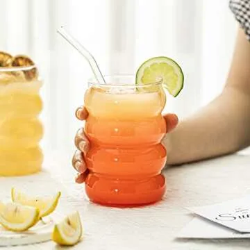 KEMORELA 16oz Wave Shape Beverage Glasses With Straws,Vintage Glass Cups Wine Mugs Set, Ripple Drinking Glasses,for Juice Beer Wine Champagne Cocktail Home Kitchen Bar Mixed Drinks (4PCS)