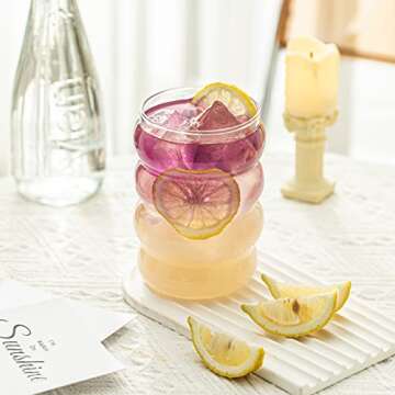 KEMORELA 16oz Wave Shape Beverage Glasses With Straws,Vintage Glass Cups Wine Mugs Set, Ripple Drinking Glasses,for Juice Beer Wine Champagne Cocktail Home Kitchen Bar Mixed Drinks (4PCS)