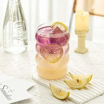 KEMORELA 16oz Wave Shape Beverage Glasses With Straws,Vintage Glass Cups Wine Mugs Set, Ripple Drinking Glasses,for Juice Beer Wine Champagne Cocktail Home Kitchen Bar Mixed Drinks (4PCS)