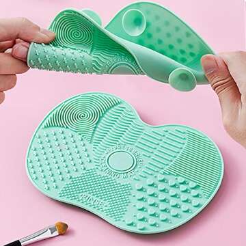 Makeup Brush Cleaning Mat, Silicone Makeup Brush Scrubber, Cosmetic Brush Cleaner, Brush Cleaning Pad, Foldable Makeup Brush Cleaning Bowl Suitable for Makeup Brush, Makeup Sponge, Powder Puff (Green)