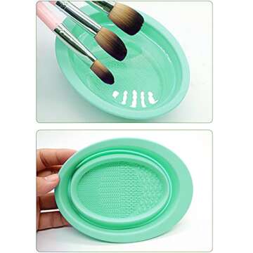 Makeup Brush Cleaning Mat, Silicone Makeup Brush Scrubber, Cosmetic Brush Cleaner, Brush Cleaning Pad, Foldable Makeup Brush Cleaning Bowl Suitable for Makeup Brush, Makeup Sponge, Powder Puff (Green)