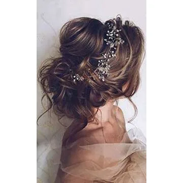 Deniferymakeup Bridal Rose Gold and Gold Silver Extra Long Pearl and Crystal Beads Bridal Hair Vine Wedding Head Piece Bridal Hair Accessories Headband Hair Jewelry Hair Accessories (Silver)