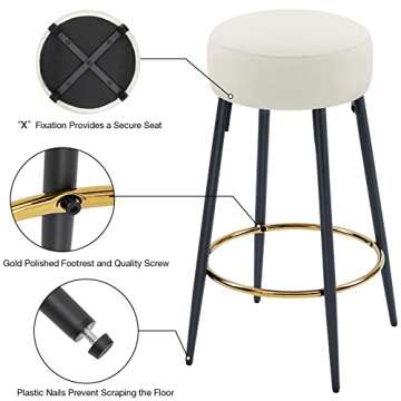 Fefances Cream Bar Stools Set of 2 Modern Round Velvet Bar Stools Counter Height Bar Stool Kitchen Breakfast Round Dining Chair 27.5 inch Height