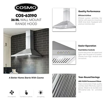 COSMO COS-63190 36" Range Hood with 380 CFM Airflow