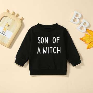 Saliuentm My First Halloween Baby Boy Outfit Baby Crewneck Sweatshirt Son of A Witch Shirt Pullover Sweater Cute Halloween Baby Clothes(AB-Black,6-12 Months)