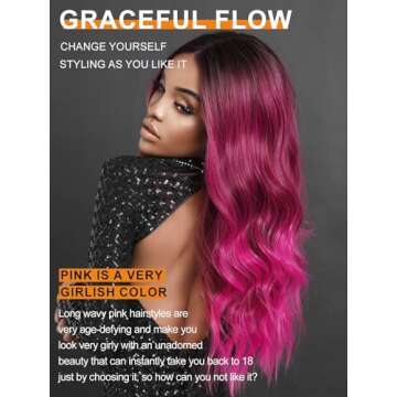 Amarlis Hot Pink Wigs for Women, Long Ombre Pink Wavy Middle Part Soft Synthetic Fiber Wig for Cospl...