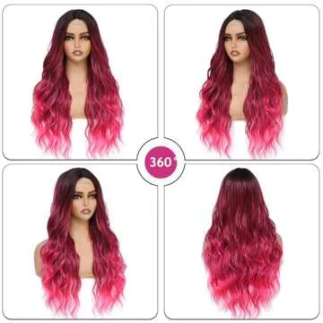 Amarlis Hot Pink Wigs for Women, Long Ombre Pink Wavy Middle Part Soft Synthetic Fiber Wig for Cosplay Daily Party Use 24 Inch