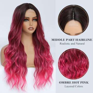 Amarlis Hot Pink Wigs for Women, Long Ombre Pink Wavy Middle Part Soft Synthetic Fiber Wig for Cosplay Daily Party Use 24 Inch
