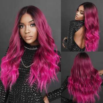 Amarlis Hot Pink Wigs for Women, Long Ombre Pink Wavy Middle Part Soft Synthetic Fiber Wig for Cosplay Daily Party Use 24 Inch