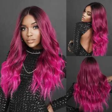 Amarlis Hot Pink Wigs for Women, Long Ombre Pink Wavy Middle Part Soft Synthetic Fiber Wig for Cosplay Daily Party Use 24 Inch