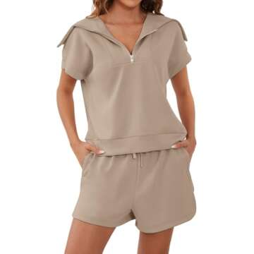 Meladyan Woman Two Piece Half Zip Sweatshirts Shorts Set Lapel Collar Cap Sleeve Sweatshirt High Drawstring Waist Shorts, Khaki