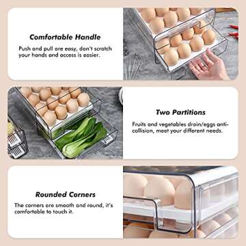 elabo 32 Egg Holder for Fridge, Multifunctional Stackable Refrigerator Egg Storage Drawer Organizer Container, Egg Tray for Kitchen Fridge, Clear, BPA-Free