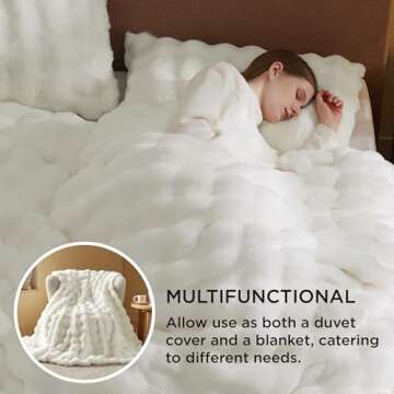 Bedsure Luxurious Faux Fur Duvet Cover Queen Size Set - Ultra Soft & Fluffy & Cozy & Warm - Elegant Shaggy Bubble Design Bedding with Duvet Cover and Pillow Shams, Coconut White