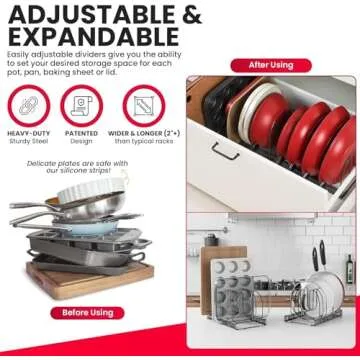 Better Things Home 12+ Expandable Pan and Pot Lid Organizer Rack for Cabinet, Pot Lid Holder Pot Organizers Inside Cabinet, Pots and Pans Organizer Under Cabinet (Dark Grey, PAN & BAKEWARE)