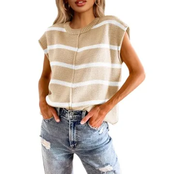 Saodimallsu Womens Summer Cap Sleeve Tank Tops Striped Crew Neck Casual Loose Fit Pullover Knit Swea...