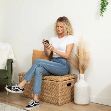 Wholestory Collective Handwoven Wicker 35" Banana Leaf Rattan Storage Trunk and Chest Seagrass XL Organizers with Lid, Natural Color with Handles