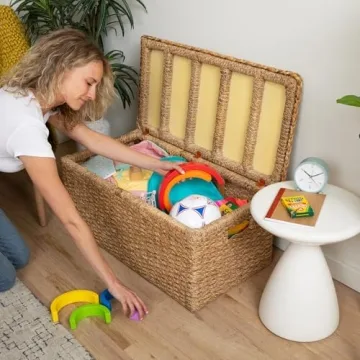 Wholestory Collective Handwoven Wicker 35" Banana Leaf Rattan Storage Trunk and Chest Seagrass XL Organizers with Lid, Natural Color with Handles