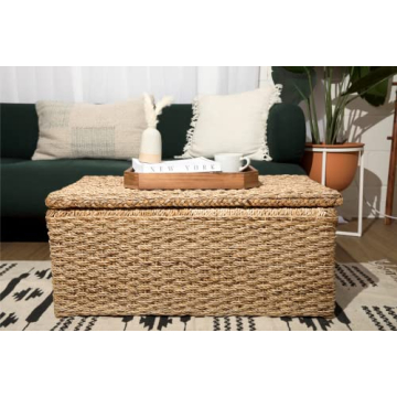 Wholestory Collective Handwoven Wicker 35" Banana Leaf Rattan Storage Trunk and Chest Seagrass XL Organizers with Lid, Natural Color with Handles