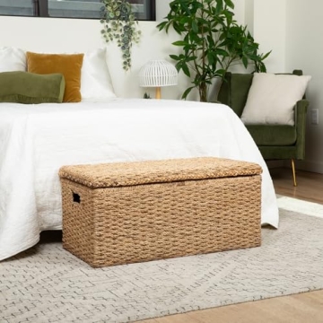Wholestory Collective Handwoven Wicker 35" Banana Leaf Rattan Storage Trunk and Chest Seagrass XL Organizers with Lid, Natural Color with Handles